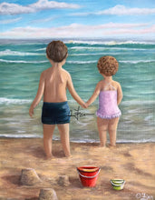 Load image into Gallery viewer, Girl and boy with red bucket on the shore