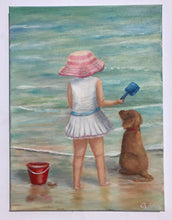 Load image into Gallery viewer, Girl and dog with red bucket on the shore