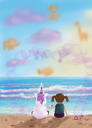 Girl and unicorn at the beach
